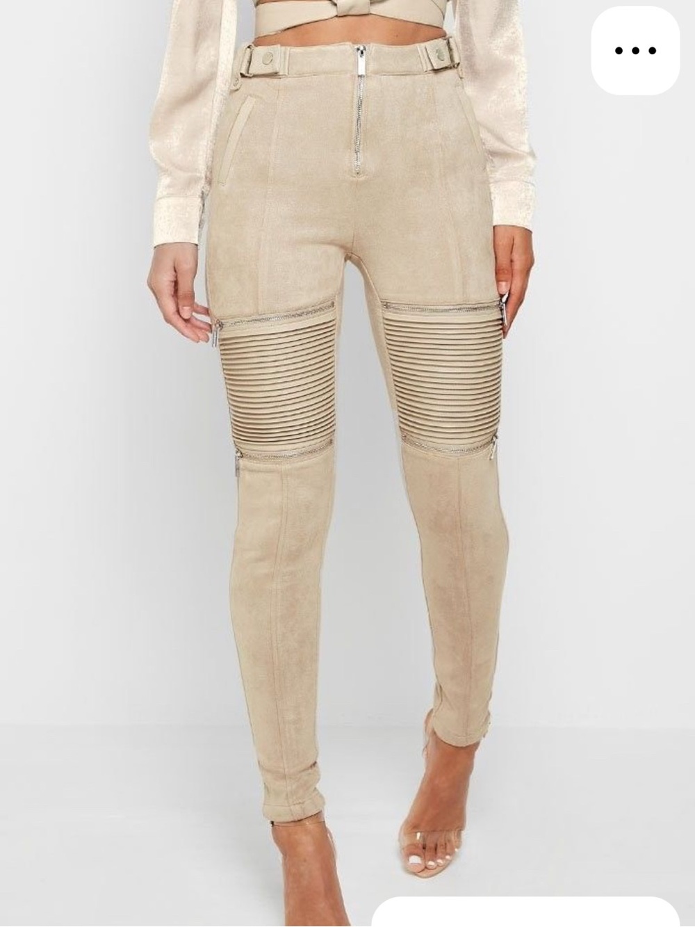 High-Rise Ribbed Detail Moto Pants - Beige